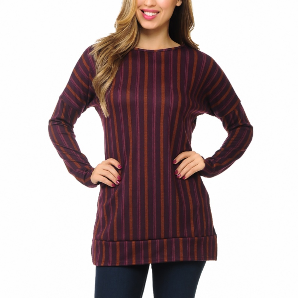 Plum Stripped Long Sleeve Tunic /W Side Slit